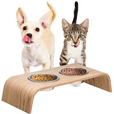 Bamboo wood Dog Cat Pet Feeder Stand With Double Stainless Steel or Ceramic Elevated Bowls