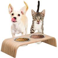 Bamboo wood Dog Cat Pet Feeder Stand With Double Stainless Steel or Ceramic Elevated Bowls